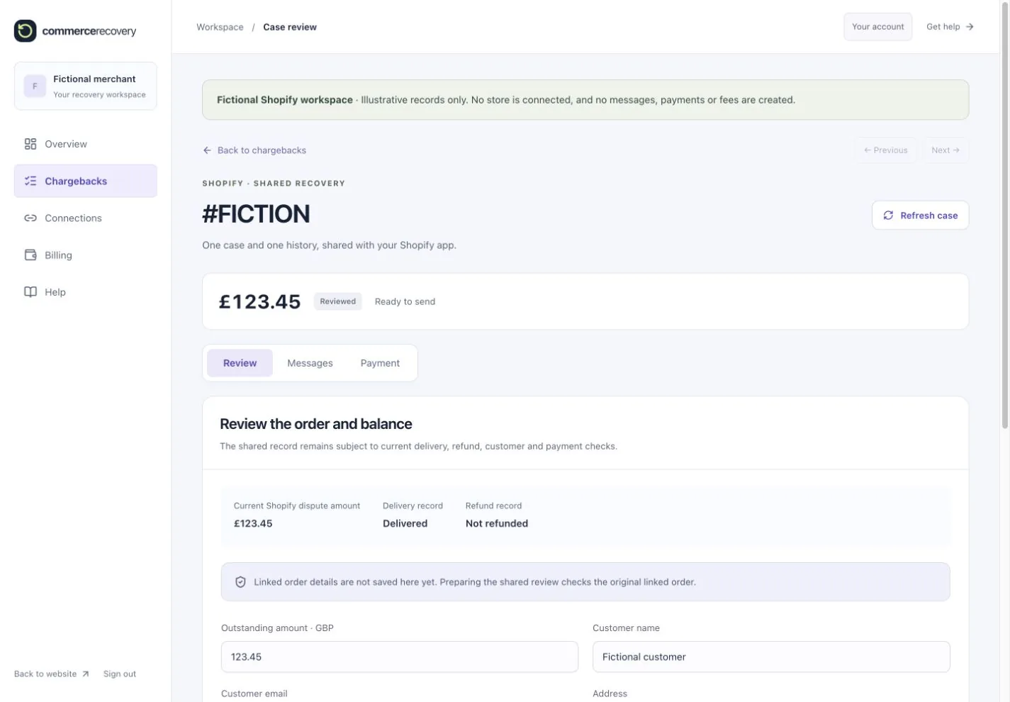 Fictional Shopify case showing separate Review, Messages and Payment sections and delivery and refund facts for merchant review